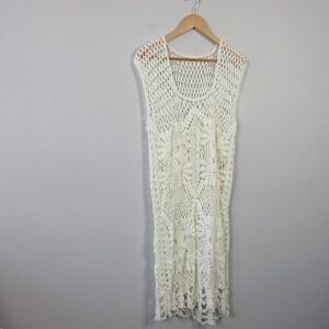 Cover Up Sleeveless Dress Ivory Crochet Open Knit Beach Midi Summer Boho 350